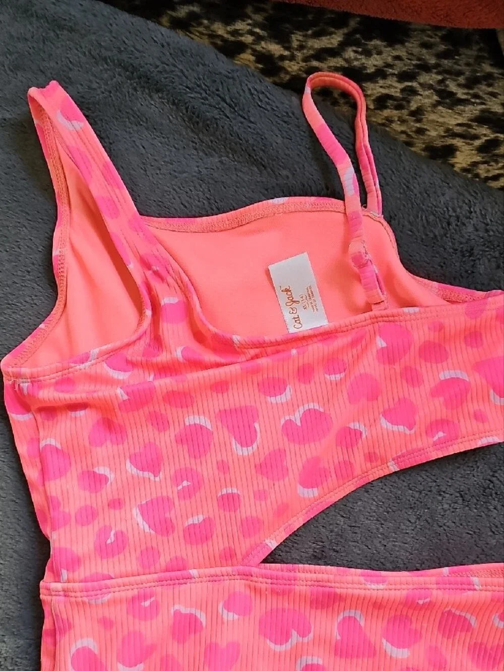 Cat & Jack Neon Pink Heart Print One-Piece Swim Set with Ruffle Skirt